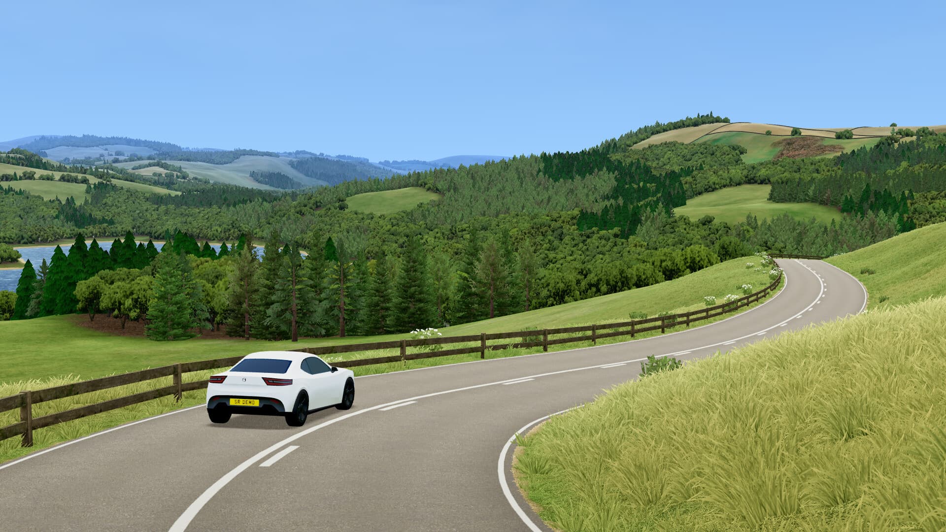 Slow Roads official screenshot of a car driving through green hills