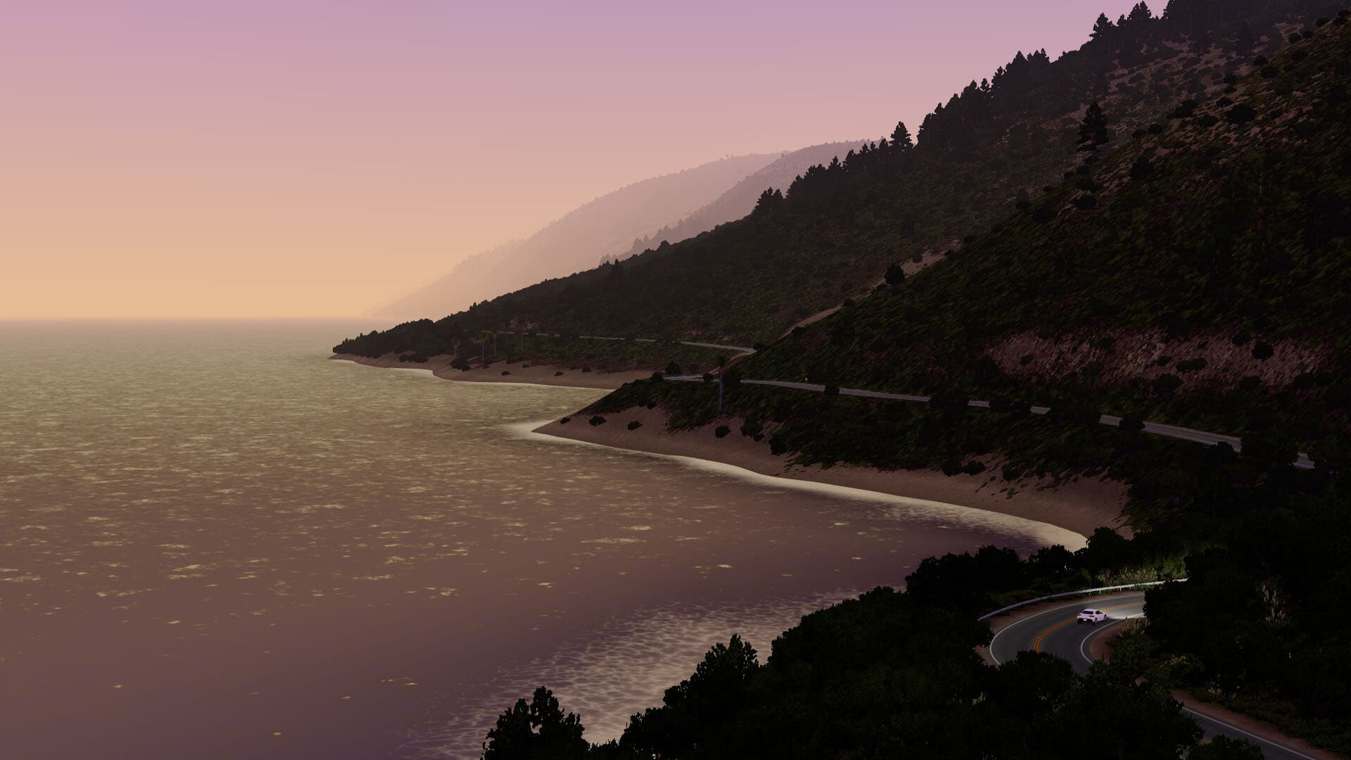Slow Roads official screenshot of a coastal road at dusk